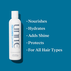 UNITE dispensing conditioner from pump demonstrating easy application and controlled amount