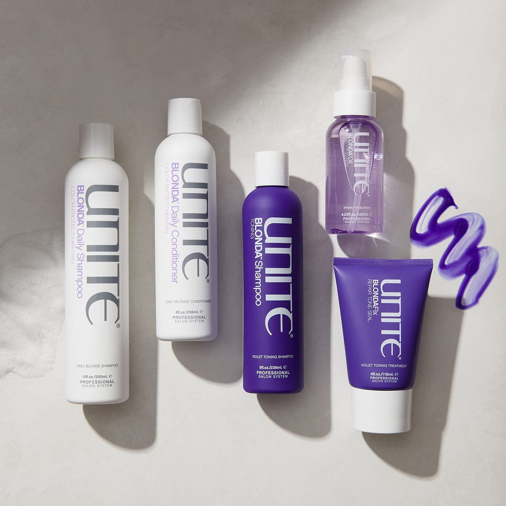 UNITE BLONDA label close-up highlighting ingredients and color-safe benefit