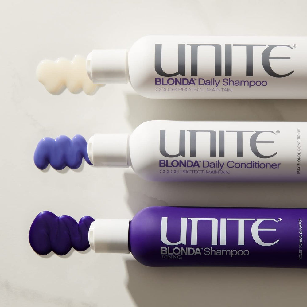 UNITE BLONDA bottle beside measuring cup to show 8oz size
