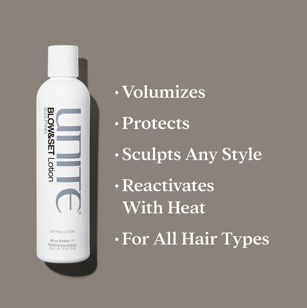 UNITE BLOW&SET label close-up highlighting ingredients and salon-grade promise
