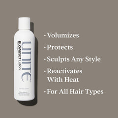 UNITE BLOW&SET label close-up highlighting ingredients and salon-grade promise