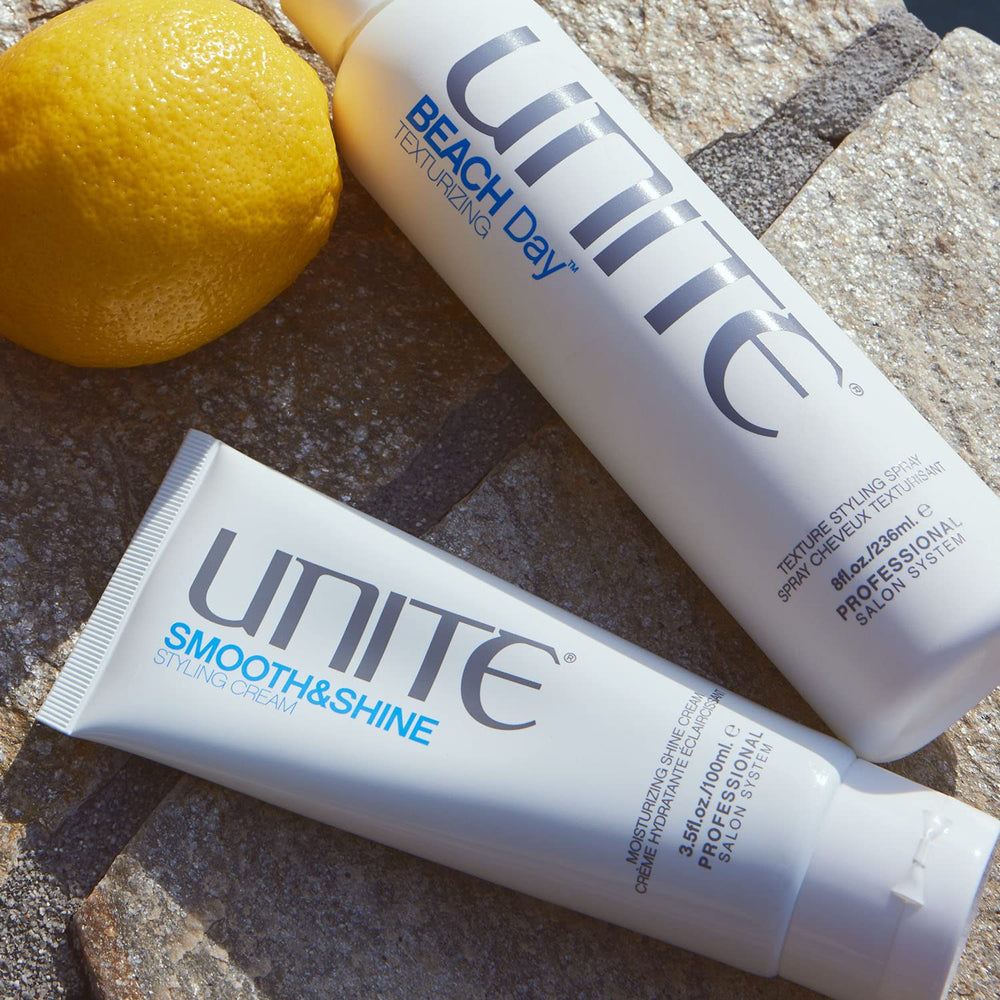 UNITE SMOOTH&SHINE on bathroom vanity lifestyle image conveying salon-quality daily styling benefits