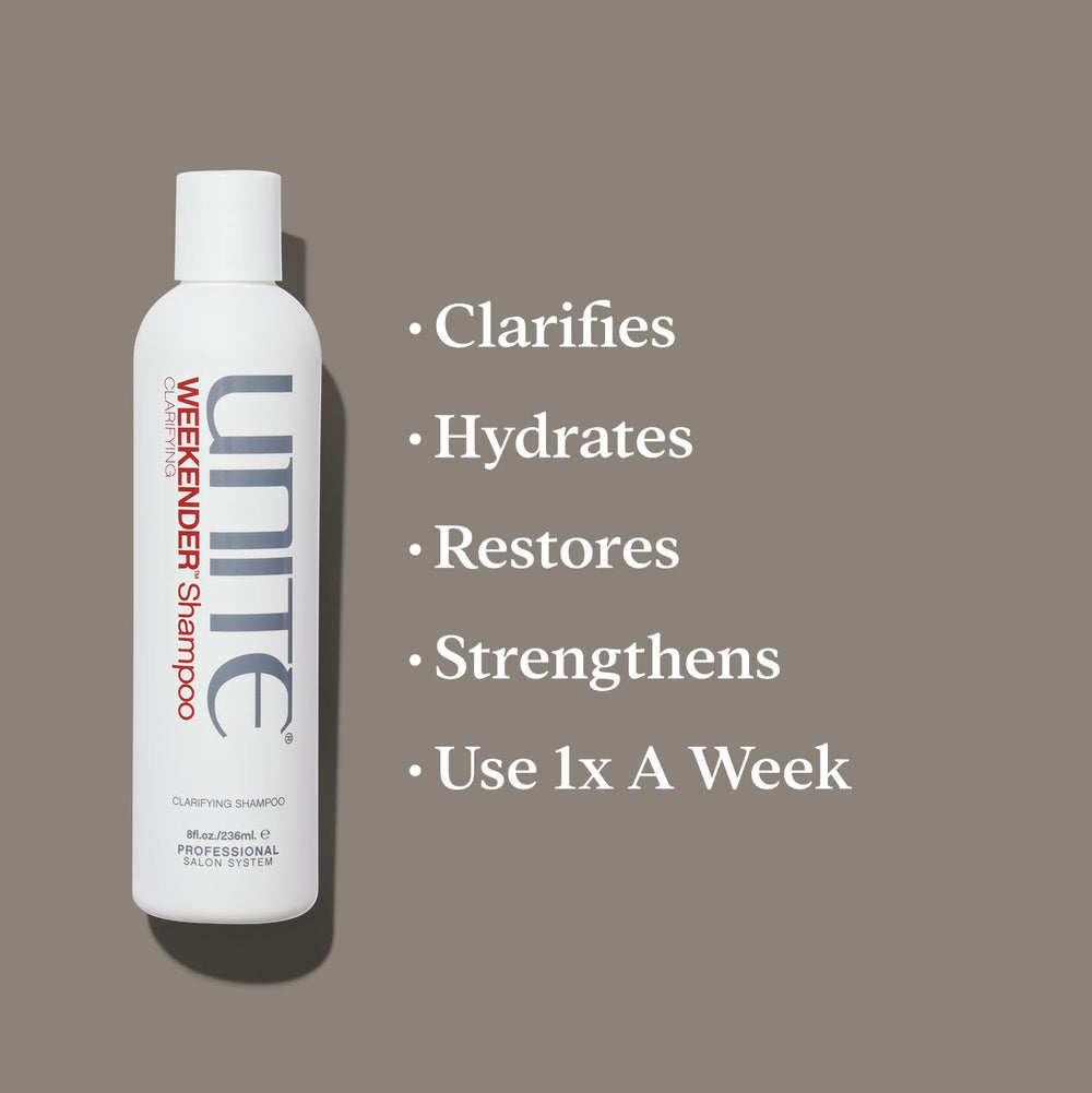 UNITE Hair WEEKENDER in-shower application on hair demonstrating buildup removal and refreshed shine
