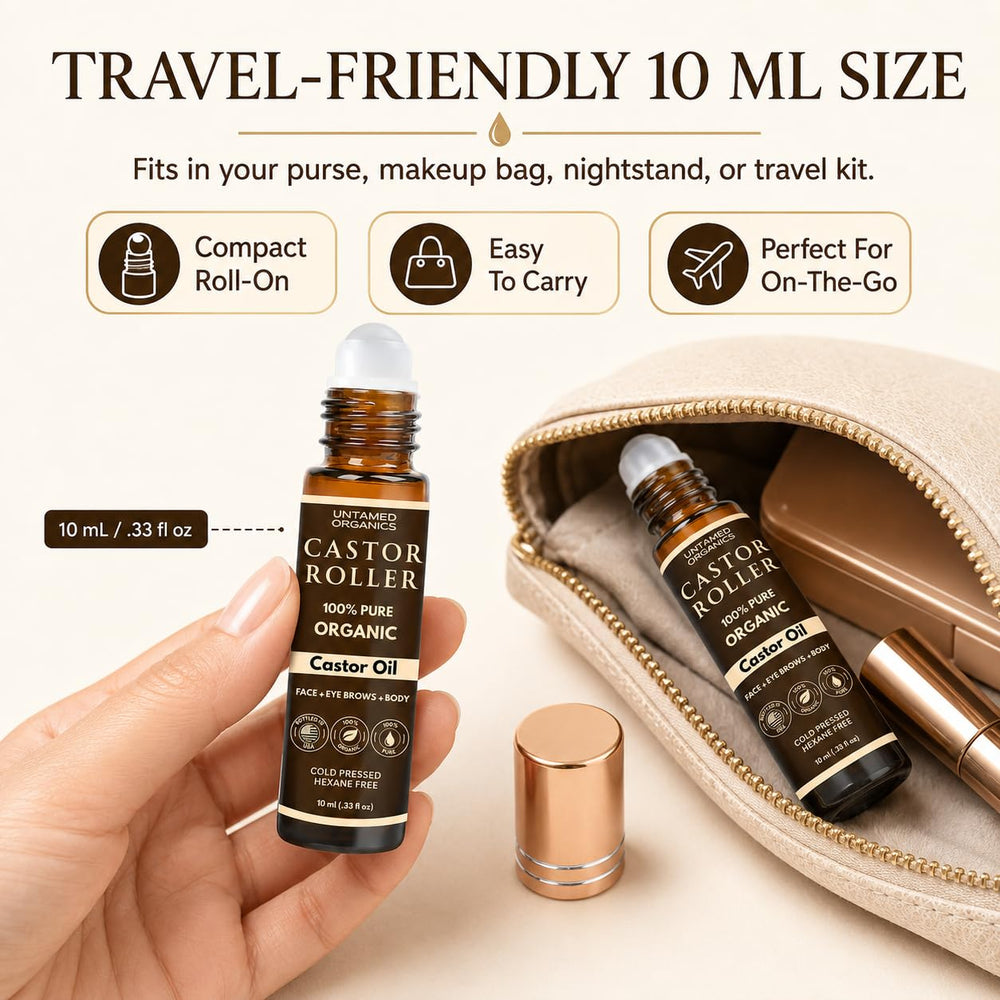 Untamed Organics roller held in hand showing 10 mL scale and travel convenience