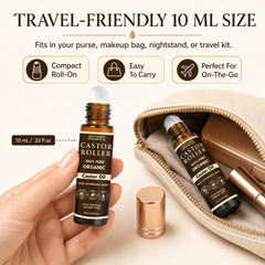 Untamed Organics roller held in hand showing 10 mL scale and travel convenience
