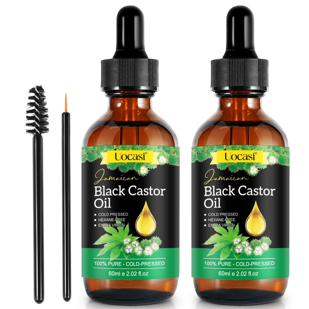 Uocasi glass bottles front view showing clean packaging and organic castor oil benefit