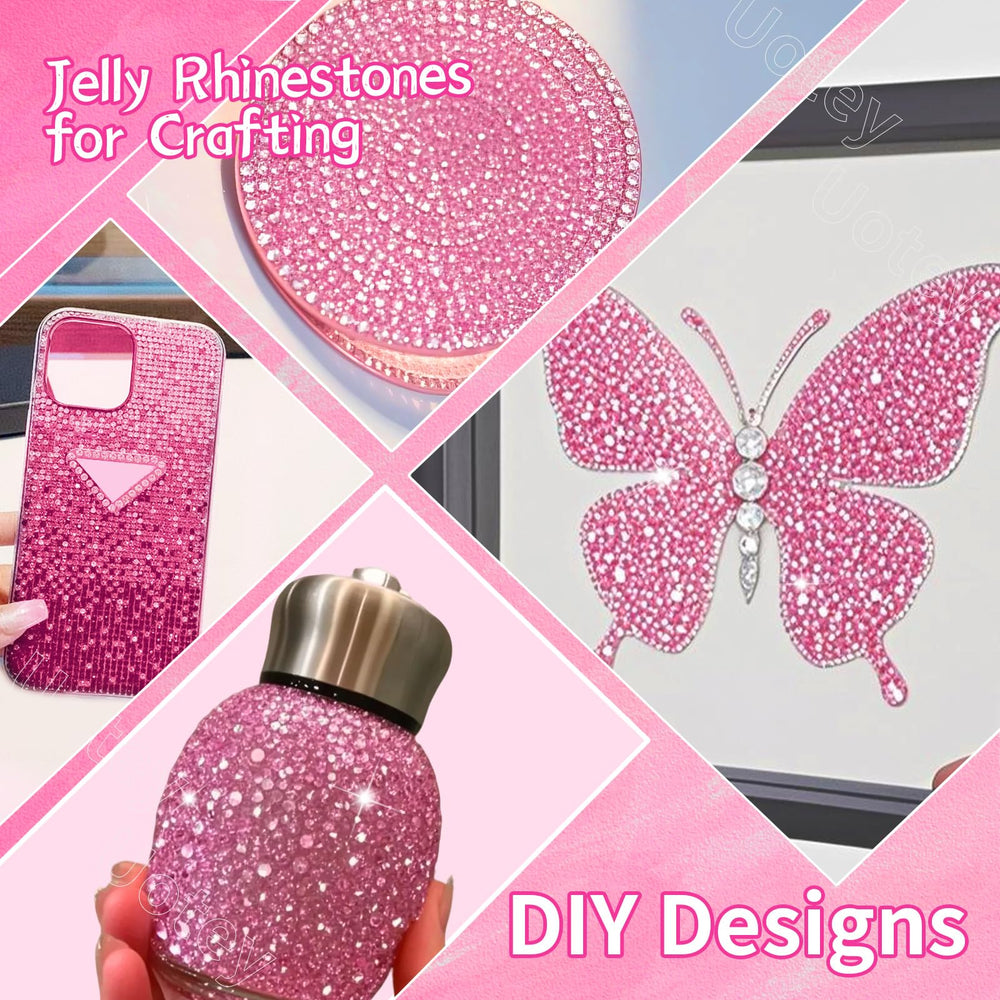 Uotey decorated tumbler with pink rhinestones illustrating finished craft appeal