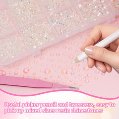uotey tweezers and pickup pen with gems demonstrating precise placement benefit