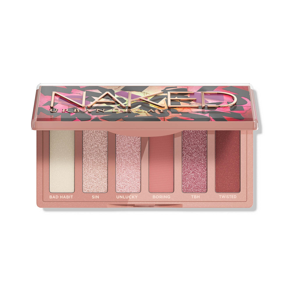 Urban Decay Naked Mini Sin front palette showing six blush neutrals and finishes for versatile looks