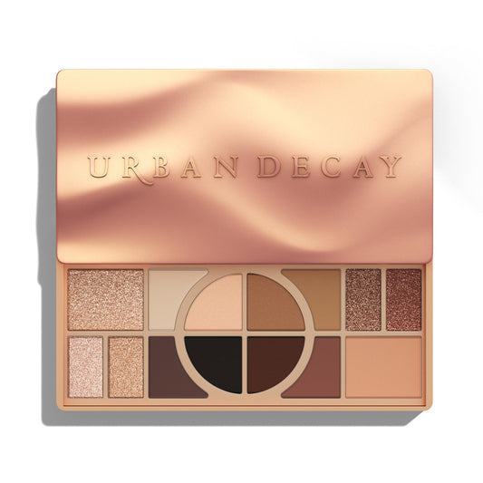 Urban Decay palette front open showing 14 warm shades and easy multitasking