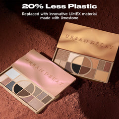 Urban Decay palette next to hand showing compact size and travel-friendly benefit