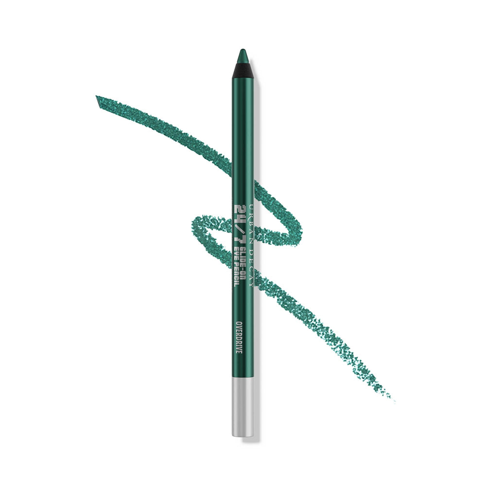 URBAN DECAY Overdrive pencil front view showing deep green shade and brand