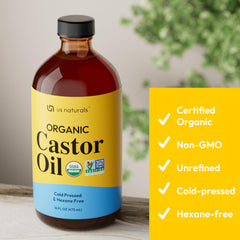 Us Naturals amber glass label detail highlighting organic certification and protection