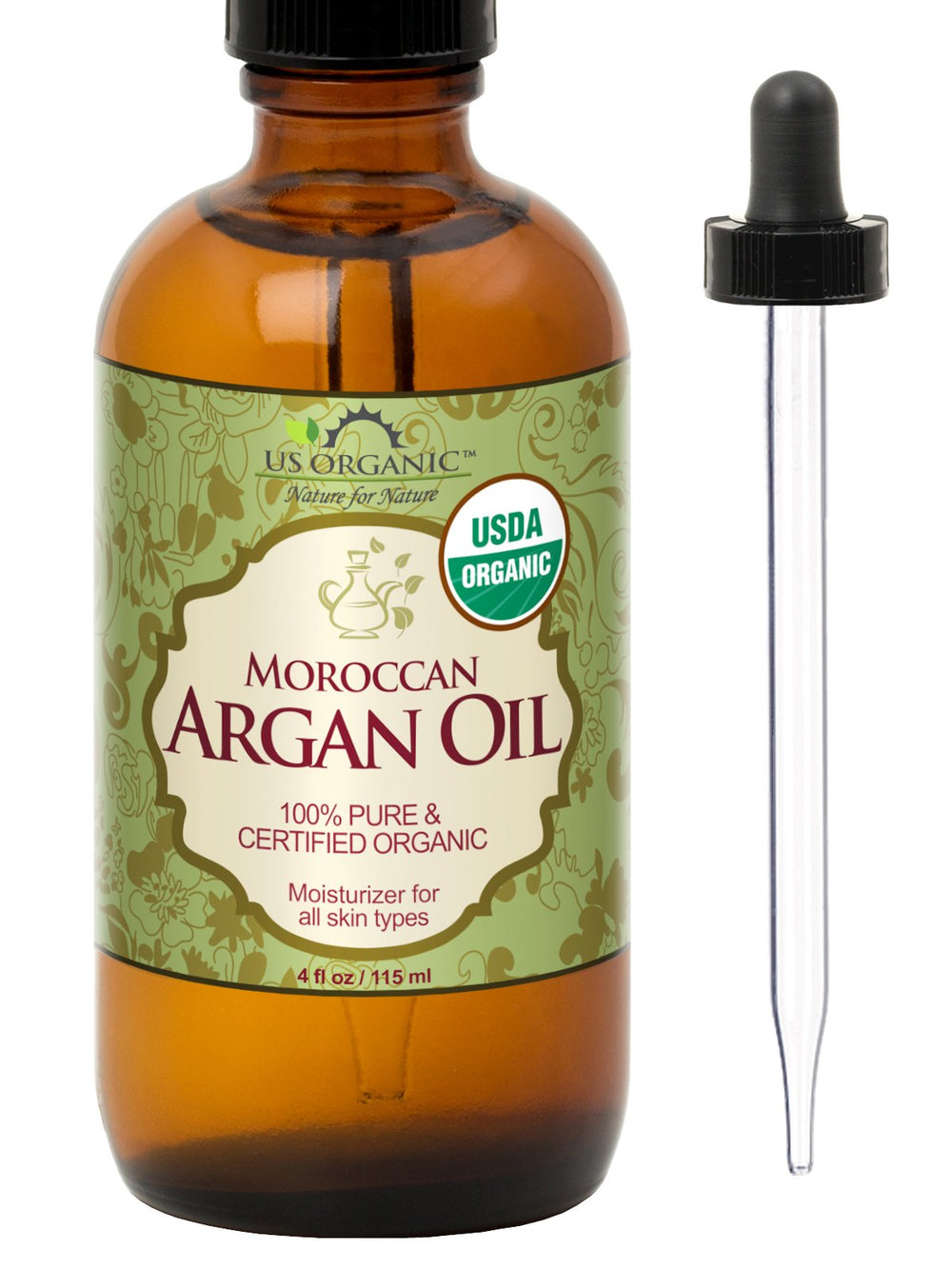 US Organic front amber bottle showing pure argan oil, clear ingredient simplicity