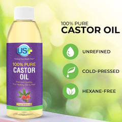 US+ castor oil drop highlighting thick texture and moisturizing benefit
