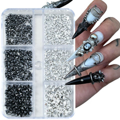 UWETIME close-up of black and silver spikes and studs, shows texture and precision