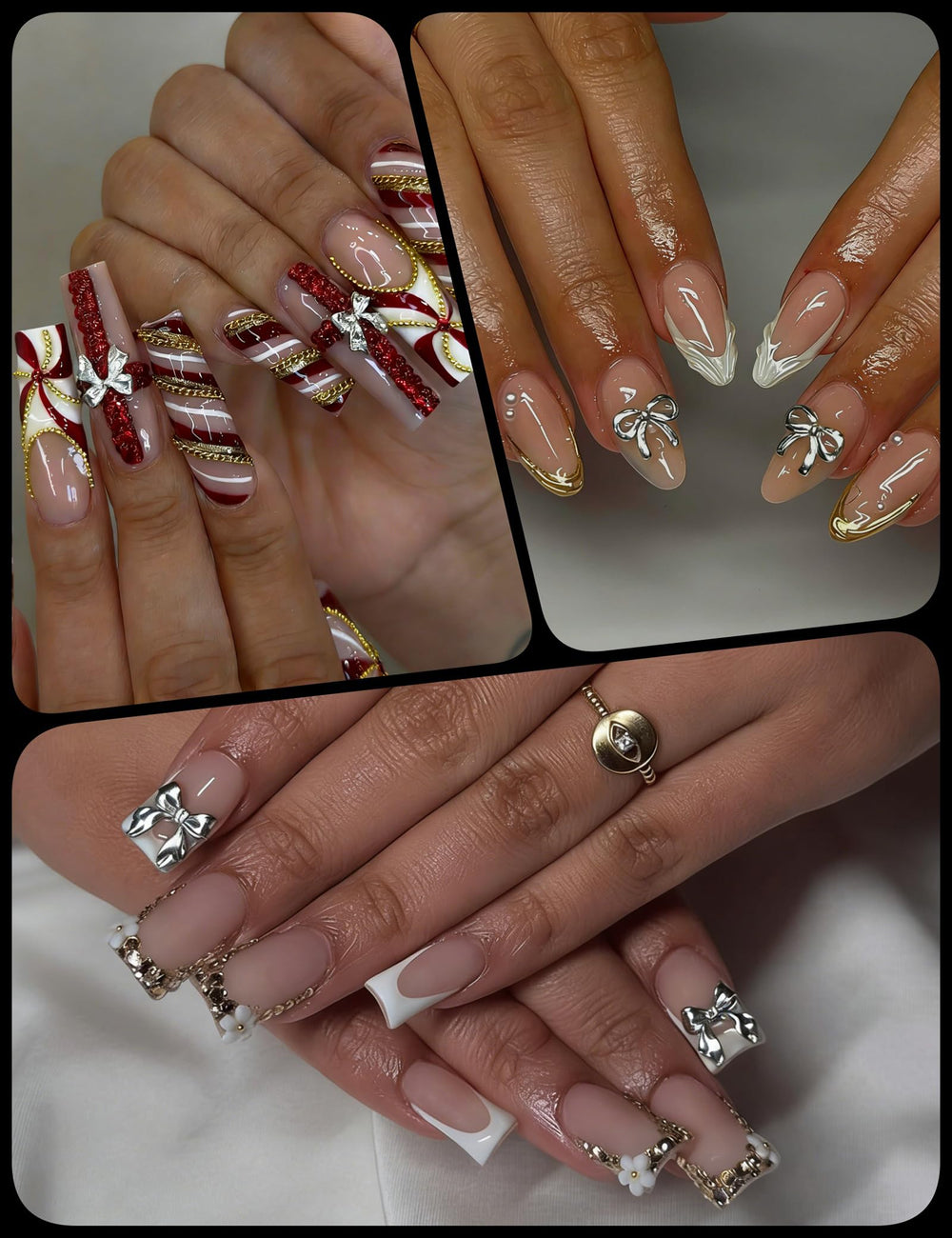 UWETIME silver bow charm applied on a manicure adding elegant metallic accent