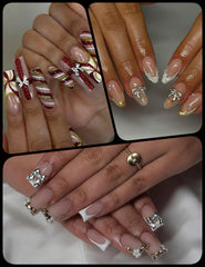 UWETIME silver bow charm applied on a manicure adding elegant metallic accent