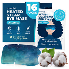 Uzumist front packaging showing 16 warm eye masks and benefits