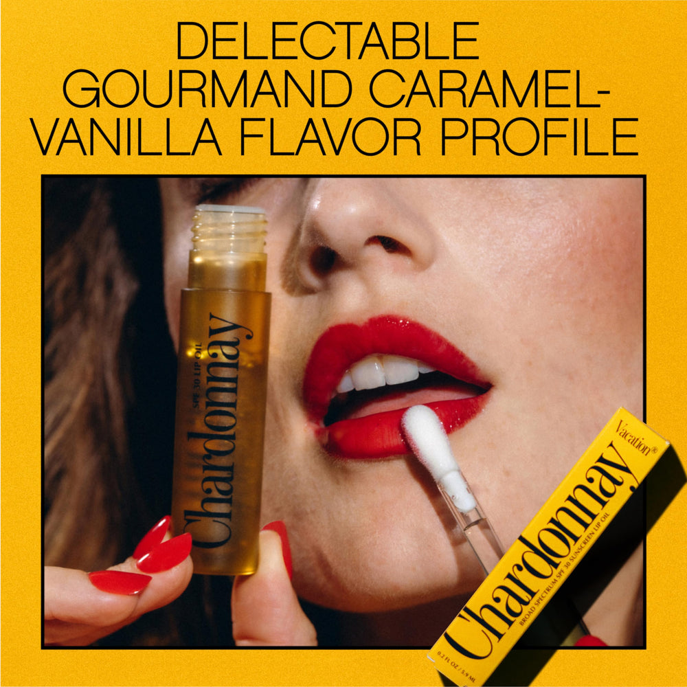VACATION Chardonnay lip oil packaging back label showing SPF 30 details and clean ingredients