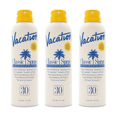 VACATION front packaging showing SPF 30 and pack of three for easy refill