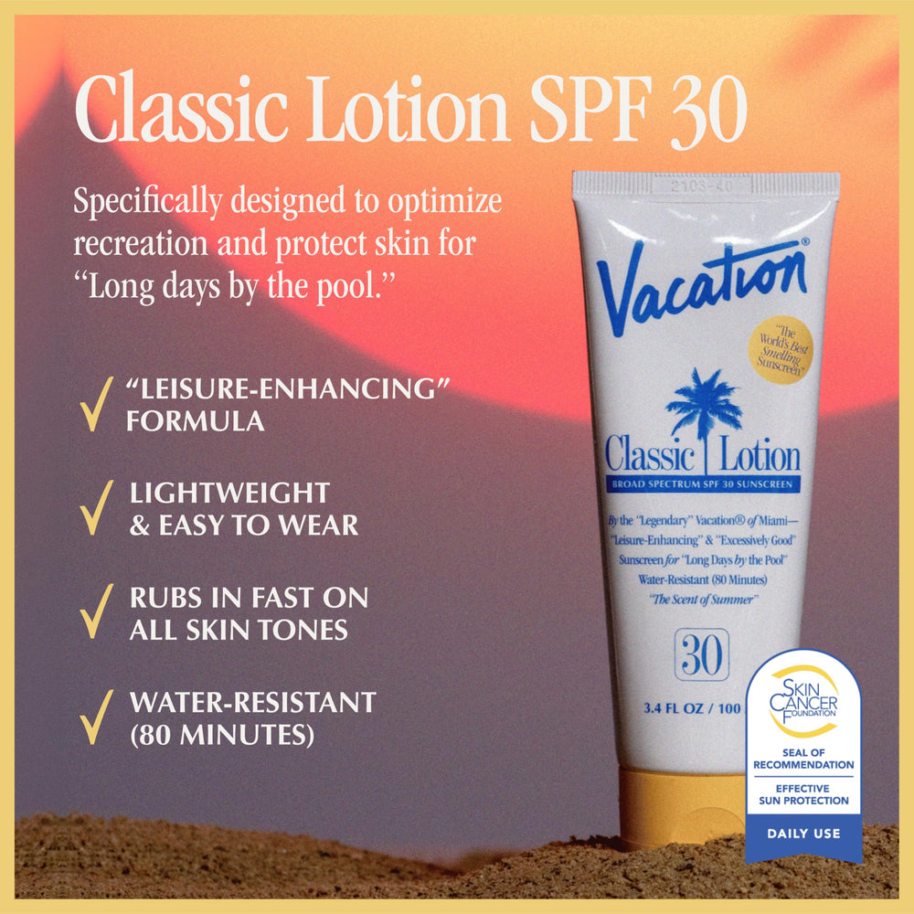 VACATION close-up lotion texture demonstrating fast-absorbing finish