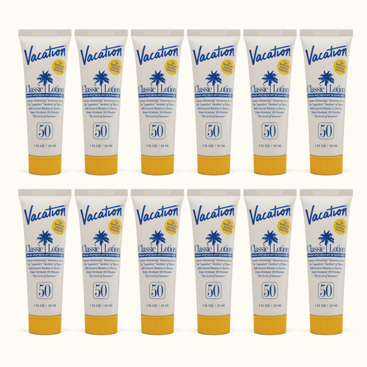 VACATION front packaging showing mini SPF 50 tubes and portable protection