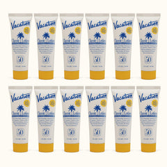 VACATION front packaging showing mini SPF 50 tubes and portable protection