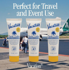 VACATION tube being placed in a travel bag for on-the-go reapplication