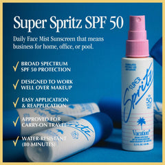 VACATION Super Spritz ultra-fine mist closeup delivering even, makeup-safe coverage