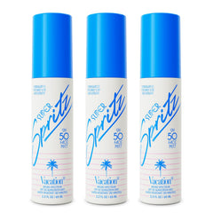 VACATION Super Spritz front packaging showing travel-friendly SPF 50 benefits