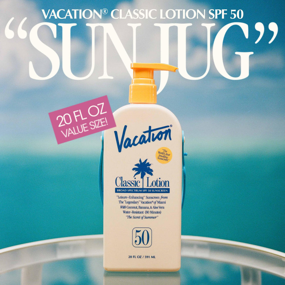 VACATION lotion texture close-up demonstrating lightweight, clear finish benefit