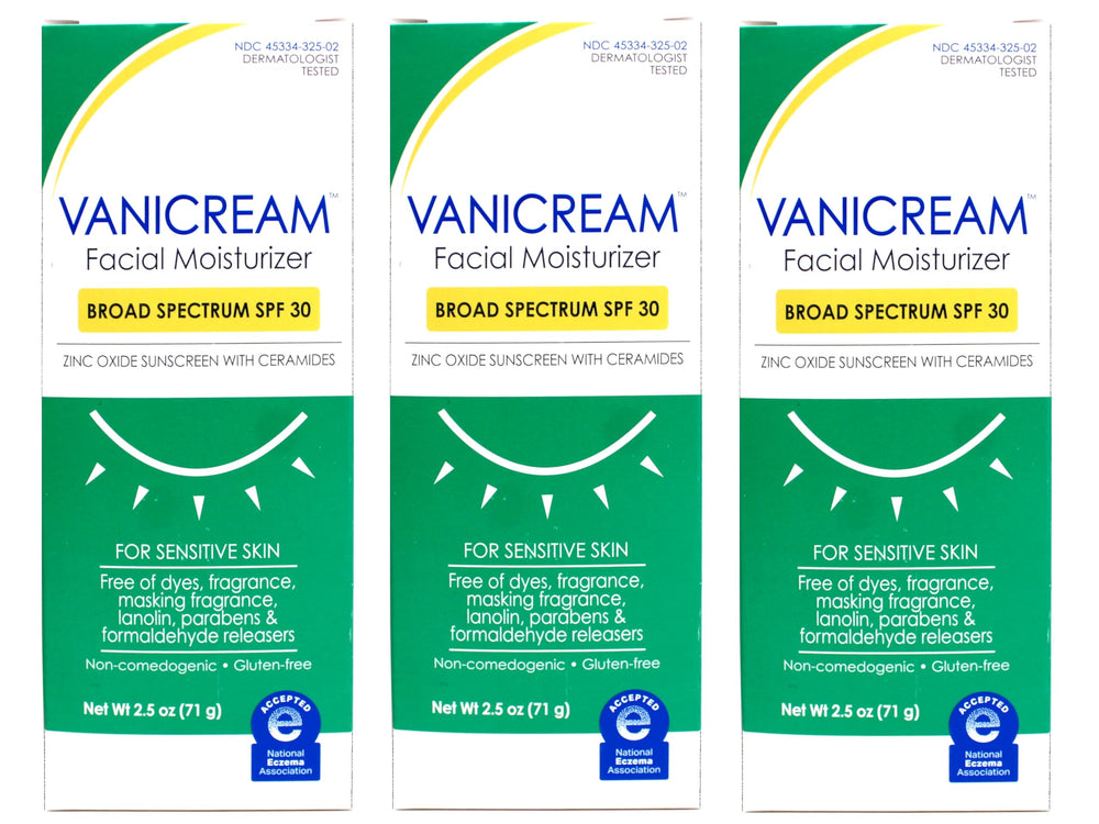 Vanicream front tube showing SPF 30 protection and lightweight moisturizer benefit