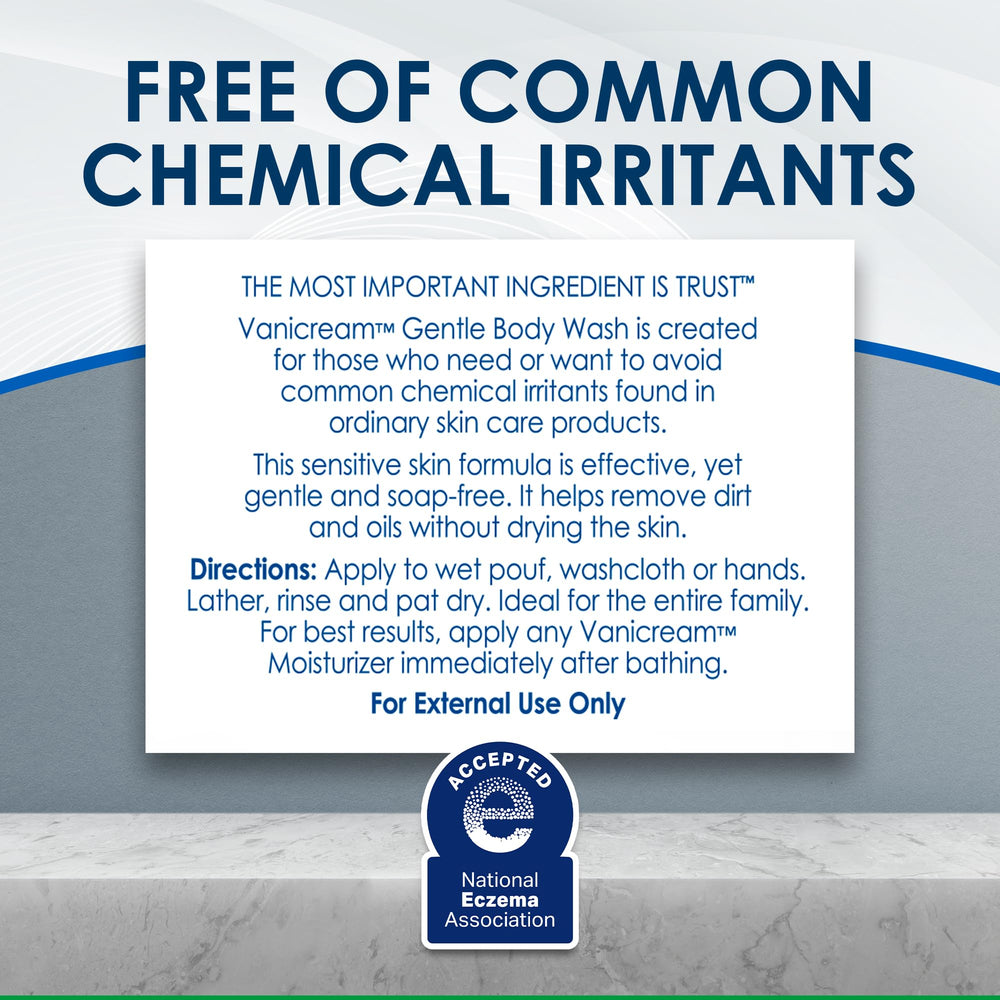Vanicream bottle on bathroom shelf in neutral setting showing everyday routine compatibility benefit