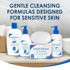 Vanicream being used by diverse adults in bathroom — family-friendly gentle cleanser