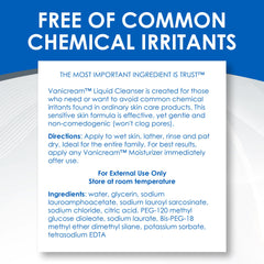 Vanicream label with 'free of dyes and fragrance' claims visible — reduced irritation risk