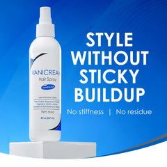 Vanicream texture of spray on hair illustrating natural-looking firm hold benefit