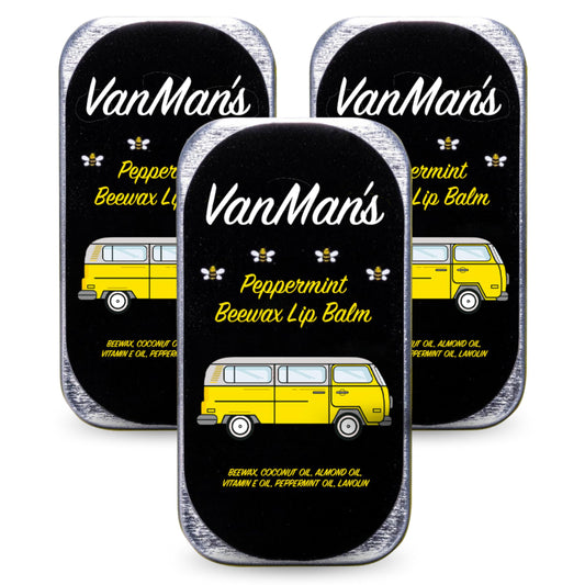 VanMan Company front packaging showing three peppermint lip balms and benefits