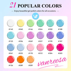 VANREESA swatch layout of 21 pastel colors showing easy selection benefit