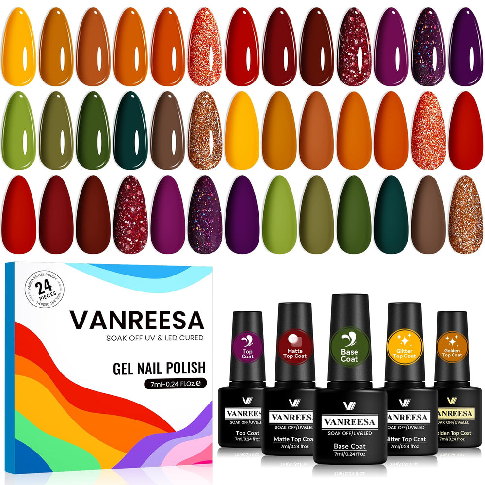 VANREESA front packaging showing full fall gel kit, clear gift-ready presentation