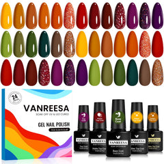 VANREESA front packaging showing full fall gel kit, clear gift-ready presentation