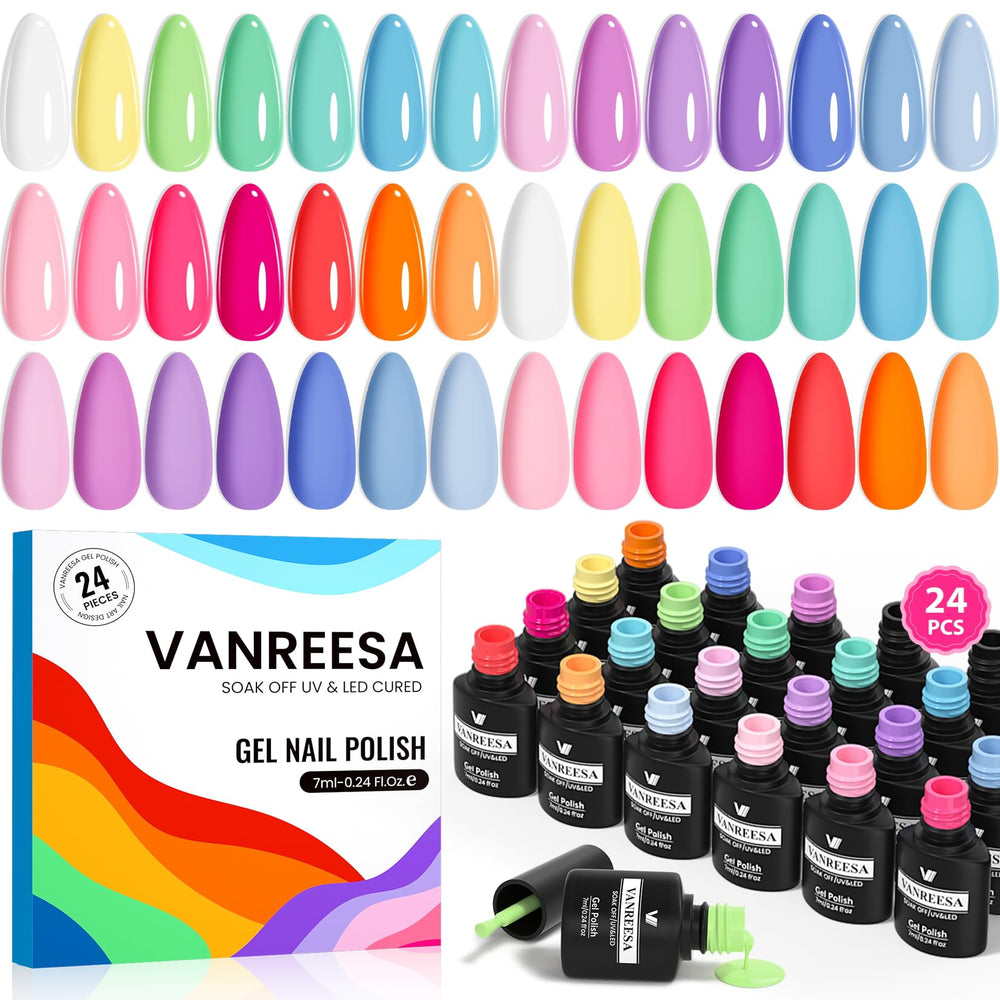 VANREESA front packaging showing full pastel gel polish set and bottles benefit display
