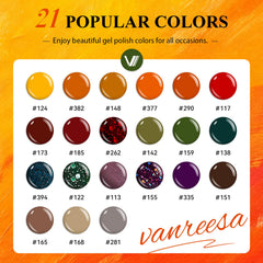 VANREESA 21 fall shades arranged flat, offering versatile seasonal color options
