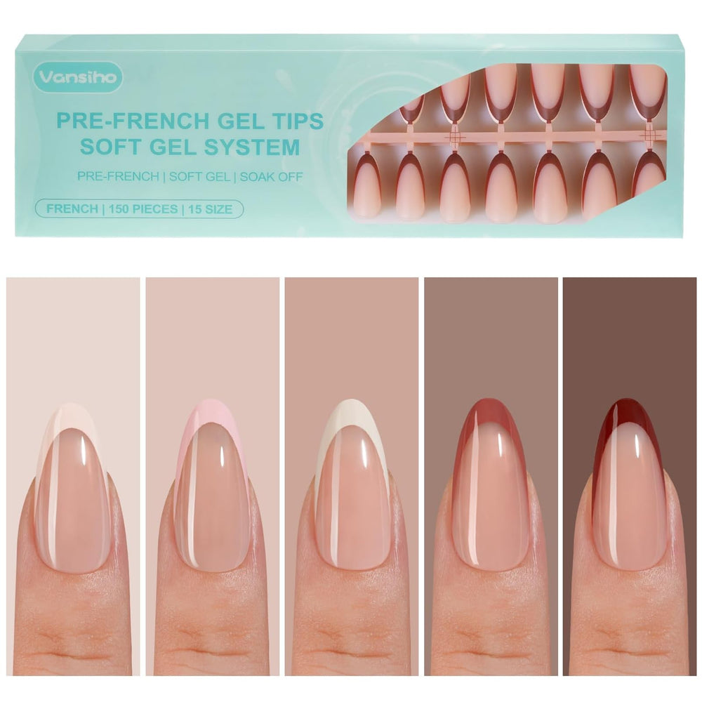 Vansiho front packaging showing 150 almond French gel tips and benefits