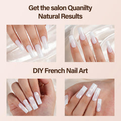 Vansiho model hands wearing milky white square tips demonstrating finished look