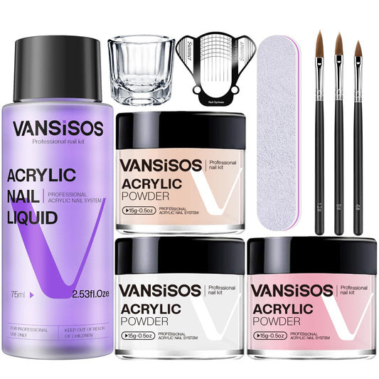 VANSISOS kit front packaging showing complete acrylic set and included tools for convenience