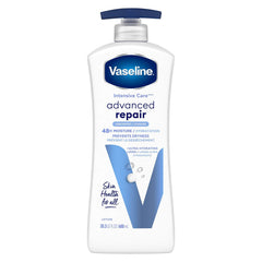 Vaseline front pump bottle showing unscented 20.3 oz and benefits