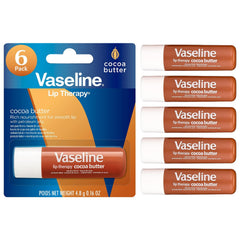Vaseline front packaging showing six cocoa butter lip balms for hydration