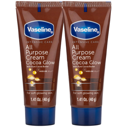 Vaseline Cocoa Glow front packaging showing travel 2-pack and benefits