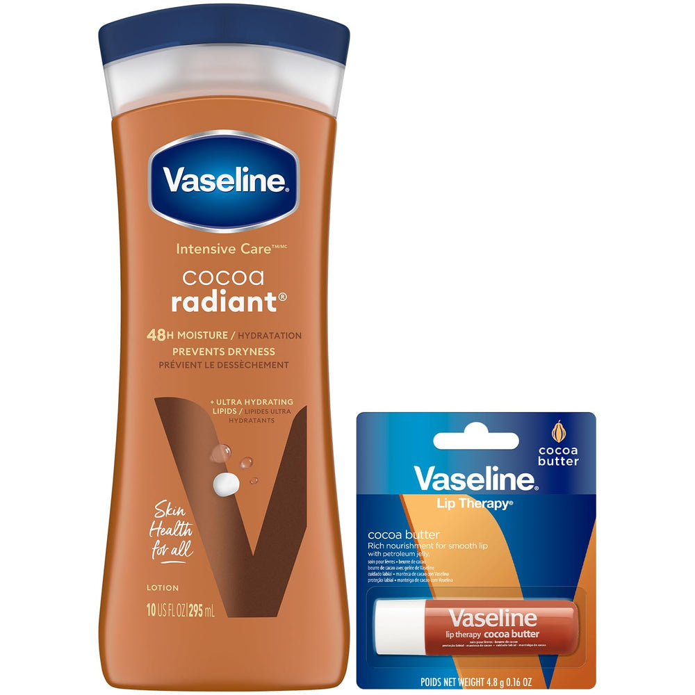 Vaseline cocoa radiant front packaging showing bottle and lip therapy set benefit hydration